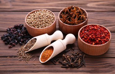 Spices mix on a brown wooden background. Top view