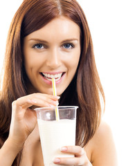 Beautiful woman drinking milk, over white