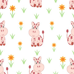 Seamless pattern. Little cows on a flower meadow.