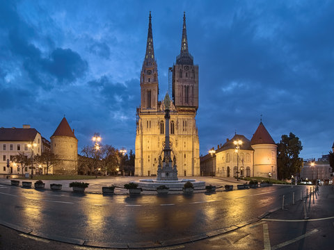Zagreb Cathedral and square in front of it at dawn, Croatia.
