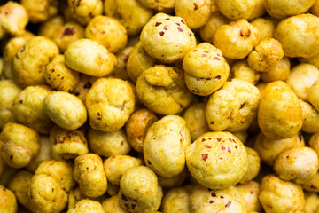 Roasted Phool Makhana or Crispy Lotus pops Seed served in a bowl, selective focus