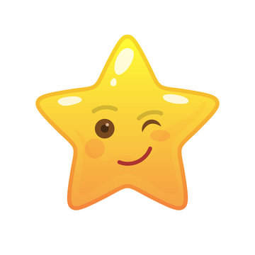 Playful star shaped comic emoticon. Winking face with facial expression. Blinking emoji symbol for internet chatting. Funny social communication animation. Mood message isolated vector element