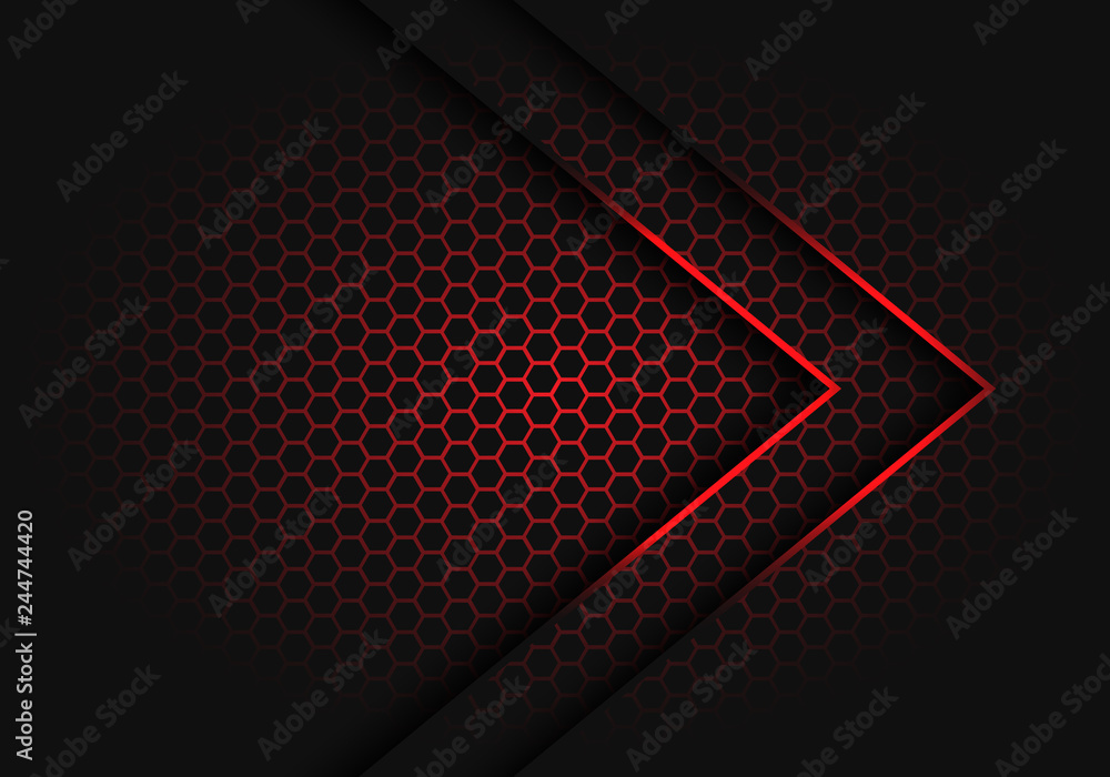 Poster abstract red arrow light shadow direction on hexagon mesh pattern design modern futuristic backgroun