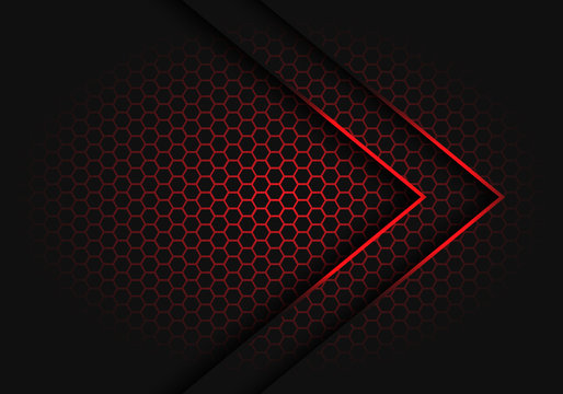 Abstract red arrow light shadow direction on hexagon mesh pattern design modern futuristic background vector illustration.