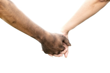 close up man and woman hands touching together with a dirty hand and a clean  on white background...