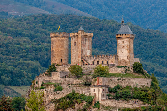 the medieval castle of the city of Foix in Ariege at sunset