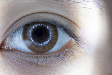 Close up of beautiful woman eye and contact lens. 