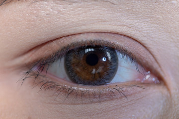 Close up of beautiful woman eye and contact lens. 