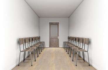 Empty Waiting Room Chairs And Office Door