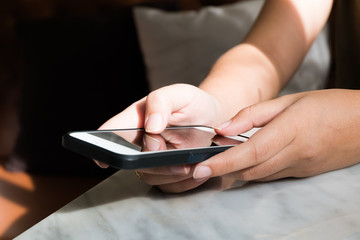 hands of woman using mobile smart phone  cellular gadget technology.