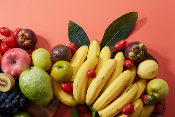 Closeup, a wide variety of fruits background
