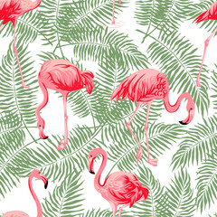 Seeamless pattern with flamingos and leaves, vector