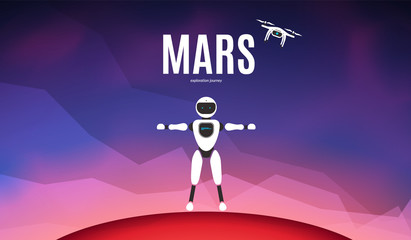 Fototapeta premium Modern robotic set vector illustration with stylish robot, drone on planet Mars