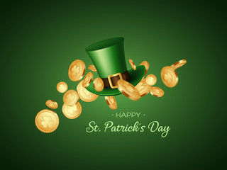 St. Patricks Day greeting holiday design. 3d green falling leprechaun hat with coins. Realistic vector illustration.