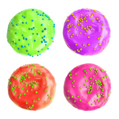 Colorful donuts isolated on white background. Collection of four sweet tasty donuts. Flat lay. Top view