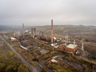 Aerial view of the derelict buildings of the former Cwm colliery and coking works at Beddau near...