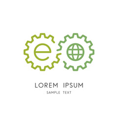 Evolution and ecology logo - couple of pinions with e letter and planet earth or globe symbol. Environment and ecosystem, industry and gear toothing vector icon.