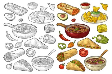 Mexican traditional food set with Guacamole, Enchilada, Burrito, Tacos, Nachos