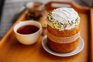 Easter, cake, eggs, holiday. Easter cake and colorful eggs on a dark background. It can be used as a background