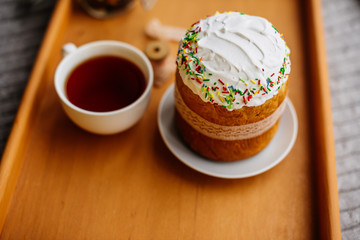 Easter, cake, eggs, holiday. Easter cake and colorful eggs on a dark background. It can be used as a background