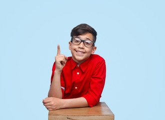 Smiling schoolboy pointing up