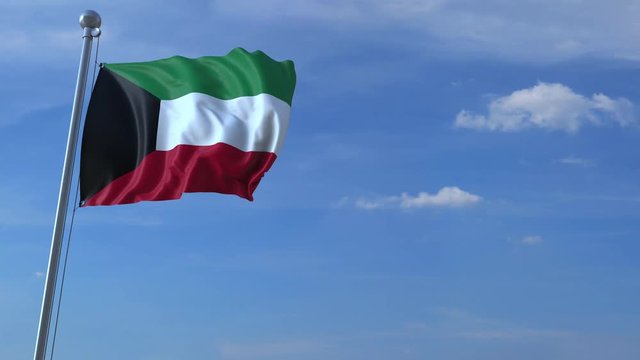 Commercial airplane landing behind waving Kuwaiti flag. Travel to Kuwait conceptual animation