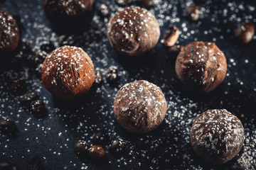 chocolate truffles on slate tray