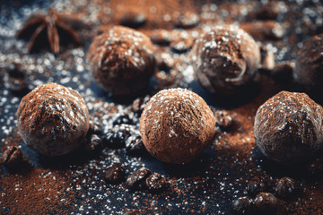 chocolate truffles on slate tray