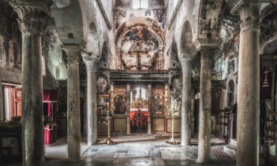 Colorful interior of 13th centrury byzantine St Demetrios church of the Metropolis, at Mystras, Peloponnese, Greece.