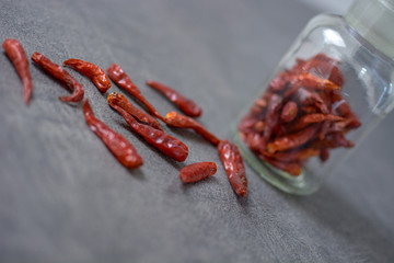 rote schafte getrocknete Chilli im Glas in der Küche
