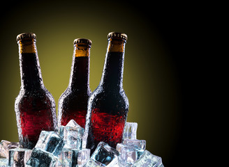 Cold bottles and fresh beer with ice