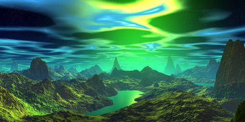 Fototapeta na wymiar Alien Planet. Mountain and water. 3D rendering