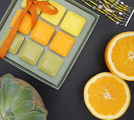 orange mood, beauty and jewelry, soap and oranges. Flat lay, top view - Image