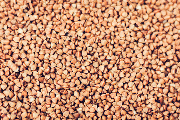 Dry raw buckwheat grains background texture vegetarian concept.