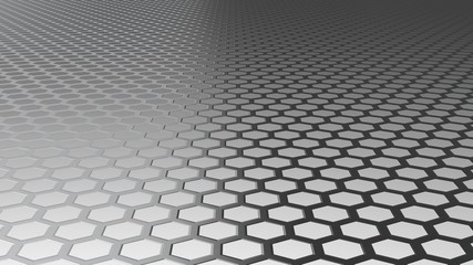 Gray metallic honeycomb texture in perspective on gray background. 3D render