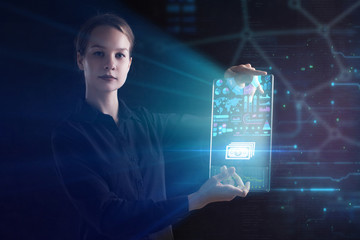 The concept of business, technology, the Internet and the network. A young entrepreneur working on...