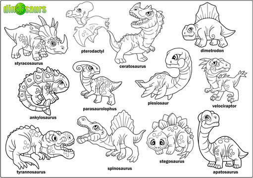 cute cartoon prehistoric dinosaurs, coloring book, set of images