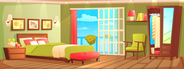 Bedroom interior with a bed, nightstand, wardrobe and window and plant. 