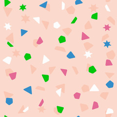Seamless pattern with color confetti. Festive print. Brown, white, blue, green, purple.