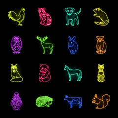 Realistic animals neon icons in set collection for design. Wild and domestic animals vector symbol stock web illustration.