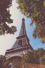 Green trees surrounding world famous Eiffel tower