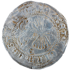 Ancient Spanish silver coin of the Kings Fernando e Isabel. Catholic kings. Coined in Granada. Real. Reverse.