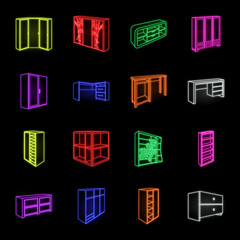 Bedroom furniture neon icons in set collection for design. Modern wooden furniture isometric vector symbol stock web illustration.