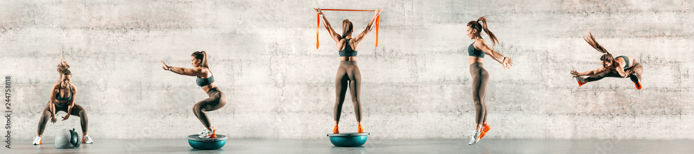 Wall mural Sporty brunette dressed in sportswear and with ponytail jumping high. In background gray wall. Upper-case fitness over the picture.