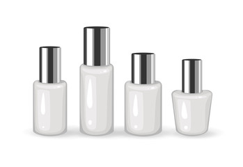 Set of Realistic Empty Plastic Containers with Silver Cap on white background. Cosmetic Vials. Liquid containers. Cosmetic Package Collection. Vector  Mockup Illustration for your Design