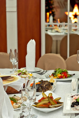 delicious dishes on the table in the restaurant. serving table.