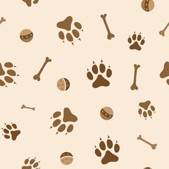 Fototapeta na wymiar Dog's paw, bone and ball game seamless pattern.