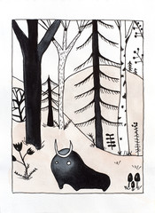 Watercolor illustration of character in the forest. Cute little black monster. Trees on background.  Art for children book, poster or banner. 