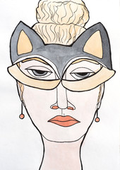 Watercolor portrait of sad and serious woman in grey animal mask. Art for children book, poster or banner. Hand drawn illustration on white background