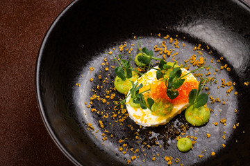 Fine dining, Elegant Trout fish Caviar on Bufalo Mozzarella